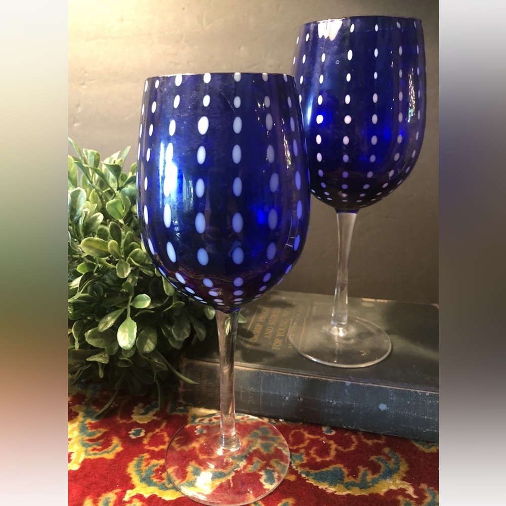 2 Artland Cambria Cobalt Blue Pearl Dot Wine Water Glasses Excellent Condition